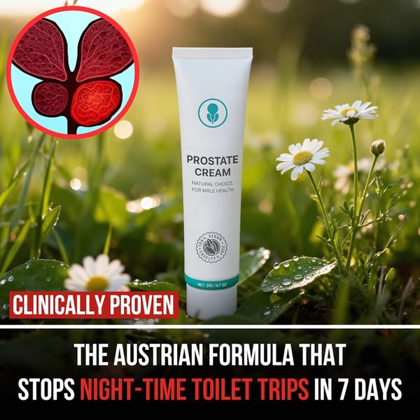 This creative pairs a clinical, red-toned medical diagram of the prostate with a calming natural background of daisies, using a bold 'clinically proven' claim to target specific user pain.